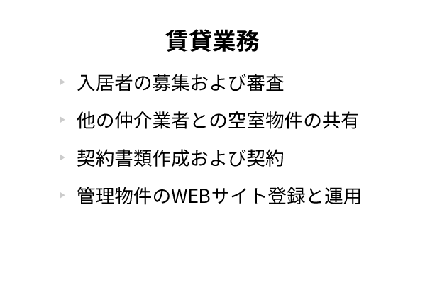 賃貸業務 入居者の募集および審査/他の仲介業者との空室物件の共有/契約書類作成および契約/管理物件のWEBサイト登録と運用