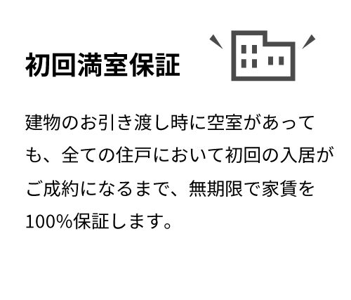 初回満室保証 建物のお引き渡し時に空室があっても、全ての住戸において初回の入居がご成約になるまで、無期限で家賃を100%保証します。